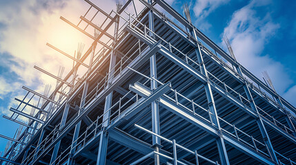 Fototapeta premium Steel framework of a building under construction with the sun shining through, representing architectural development and engineering.