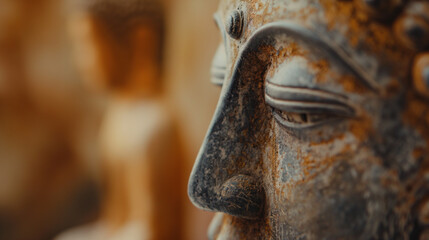 A close-up of a weathered Buddha statue with a peaceful expression and a warm, earthy color palette.