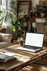 Fototapeta premium Cozy Home Office with Laptop on Wooden Desk Surrounded by Indoor Plants and Natural Light