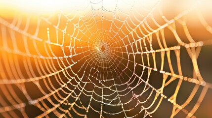 Naklejka premium Spider Web with Dew at Sunrise