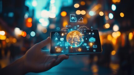 A Hand Holding a Smartphone with a Globe and Icons in a Night City