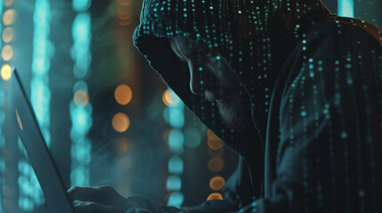 A hooded figure in a dimly lit environment surrounded by digital data streams, representing cyber security or hacking themes.