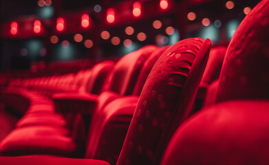 Fototapeta premium Rows of red velvet theater seats in a dimly lit auditorium, suggesting anticipation and entertainment.