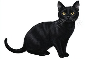 Fototapeta premium A beautiful black cat with striking yellow eyes, sitting elegantly with a poised demeanor, ideal for pet lovers and animal themes.