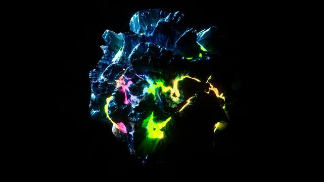 3d render video animation abstract damaged 3d planet earth , moon or asteroid in spherical shape with big holes in organic rough pattern on surface in outer space with green magma plasma core inside