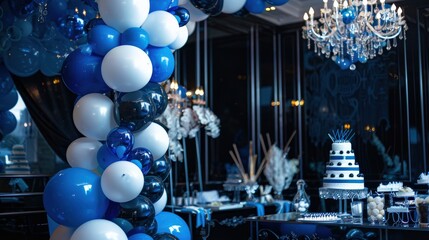 Decorations feature dark blue and white balloons, a stunning cake, and a chic atmosphere, creating a perfect birthday celebration