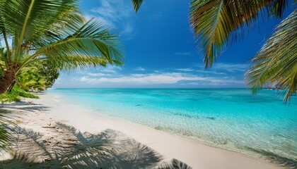 Fototapeta na wymiar A tranquil beach scene with crystal-clear turquoise water gently lapping against pristine white sand, framed by lush green palm trees and a bright blue sky.