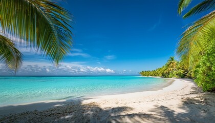 Obraz premium A tranquil beach scene with crystal-clear turquoise water gently lapping against pristine white sand, framed by lush green palm trees and a bright blue sky.