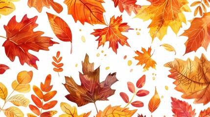 Obraz premium Watercolor illustration of autumn leaves in various shades of orange, red and yellow on a white background.