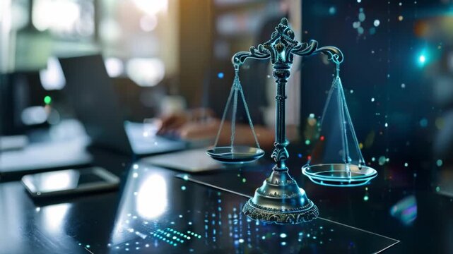 As an example of digital law and its application to online technology, we see smart law, legal advice icons, the mallet of the judge, balance, justice scale, and books in the courtroom concept.