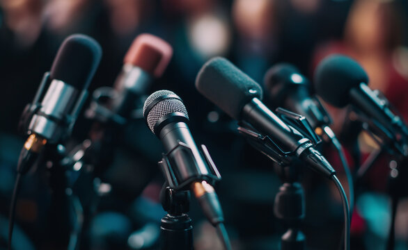 A row of microphones set up in front of a crowd, representing public speaking, media, and press conferences.