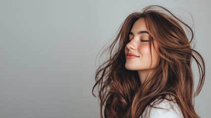 Naklejka premium Photo of a beautiful redhead woman with long hair flowing in the wind on a gray background