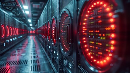 Brightly lit red circuits line the walls of a data center, showcasing advanced technology in a dimly lit environment.