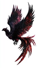 A stunning illustration of a mythical phoenix soaring with vibrant red and black feathers, symbolizing rebirth and transformation.