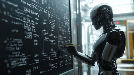 A humanoid robot standing in front of a chalkboard filled with complex equations, symbolizing advanced artificial intelligence and technological innovation.