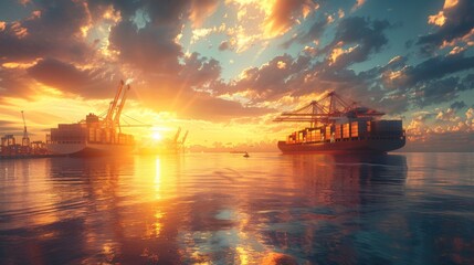 A port logistics scene at dawn, with gentle light producing a warm mist on a dock and containers next to a cargo plane taking off in the distance, and cranes loading containers on container ships
