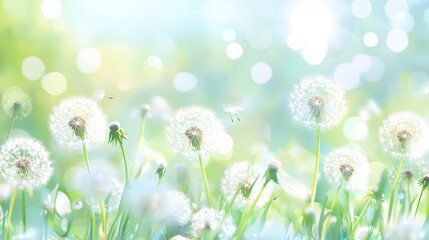 Dandelion Seeds Dispersing in a Green Meadow on a Sunny Day