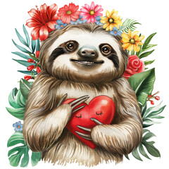 Obraz premium A sloth is holding a heart in its mouth. The image has a happy and playful mood