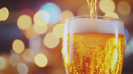 A glass of beer being poured with a foamy head in a bar setting, symbolizing refreshment and enjoyment.