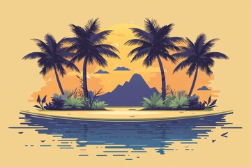 Obraz premium Tropical Sunset Island Landscape with Palm Trees and Calm Water