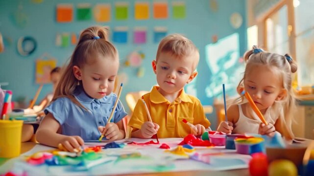 Children and friends paint with their own creativity in colorful colors in kindergarten class in school. Children paint water or crayons on drawing paper