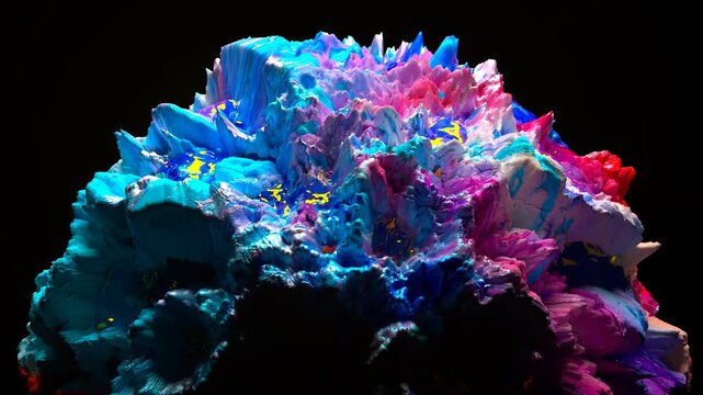 3d render of abstract art video animation with surreal mineral geology stone object ocean coral reef or asteroid in organic forms in deformation process in the dark in blue purple and pink mix color 