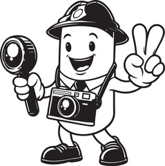 A man Standing funny comic Cartoon character black and white line art silhouette on white background