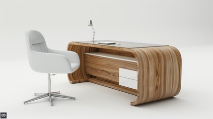 Modern Wooden Desk with White Chair in Minimalist Interior