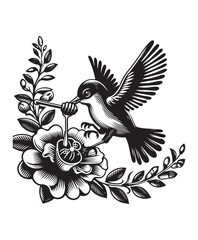 Obraz premium A bird in flight eating honey from a flower vector style, black and white color