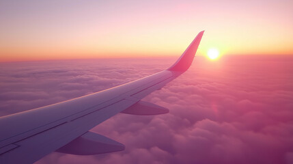 Obraz premium An airplane wing captured from a window, flying above a sea of clouds at sunset, illustrating travel and adventure.