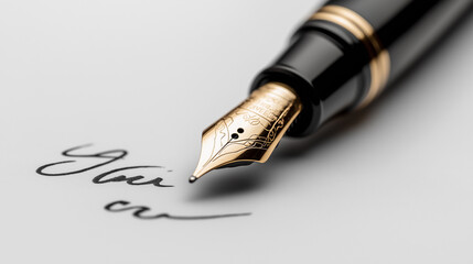 A close-up image of a fountain pen writing on a piece of paper, highlighting elegant handwriting and calligraphy.