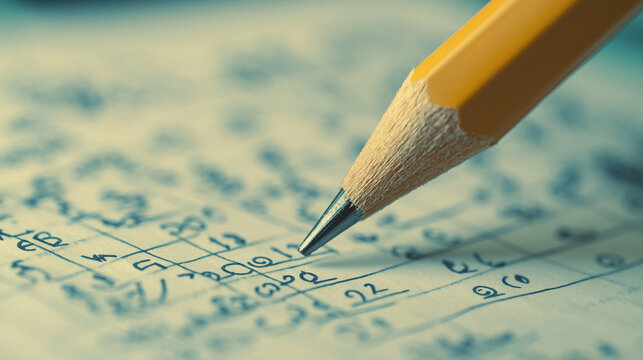 A pencil poised over a mathematical worksheet with numbers and equations, symbolizing education and learning.