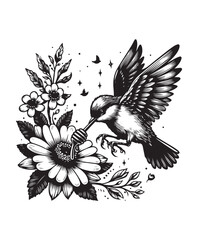 Obraz premium A bird in flight eating honey from a flower vector style, black and white color