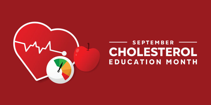 National  Cholesterol Education Month. Heart, Meter and Apple. Great for cards, banners, posters, social media and more. Red background. - Powered by Adobe