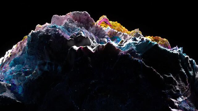 3d render of abstract art video animation with surreal mineral geology stone object ocean coral reef or asteroid in organic forms in deformation process in the dark in blue purple and white mix color 