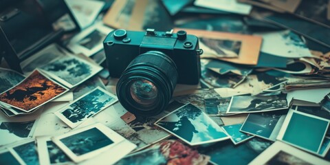 An old camera lying on a table, on top of vintage photos in sepia tones. Photography concept.