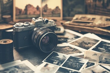 An old camera lying on a table, on top of vintage photos in sepia tones. Photography concept.