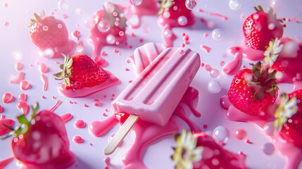 Two strawberry popsicles with pink frosting and a strawberry on the side