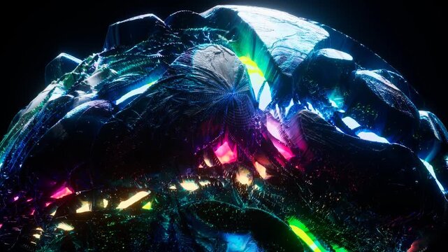 3d render video animation abstract damaged 3d planet earth , moon or asteroid in spherical shape with big holes in organic rough pattern on surface in outer space with magma plasma core inside