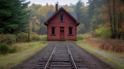 Rustic Red House Beside Overgrown Railroad Tracks