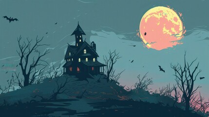 Fototapeta premium An old, spooky house on top of a hill with a full moon