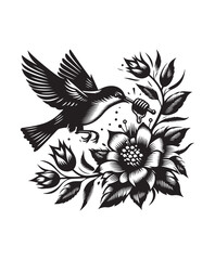 Obraz premium A bird in flight eating honey from a flower vector style, black and white color