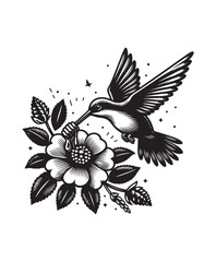 A bird in flight eating honey from a flower vector style, black and white color
