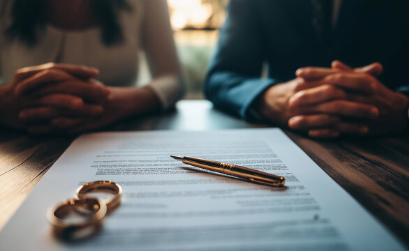 A divorce or legal separation document with a pair of wedding rings and a pen, with a couple sitting in the background.

