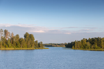 Natural landscape photo background, lake coast on a summer day