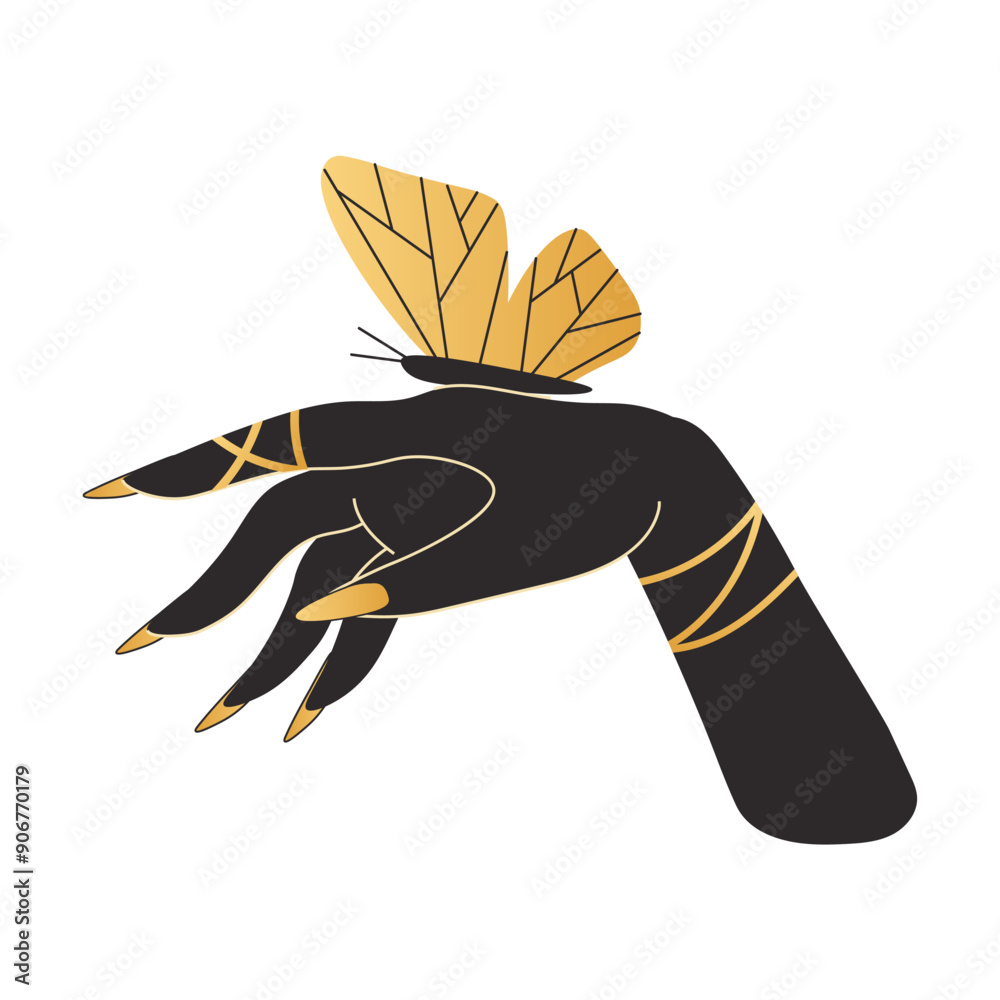 Wall mural witch's hand with long nails. butterfly sits on woman's hand. vector element on white background in 