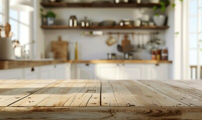 Modern Minimalist Kitchen Blur: Wooden Table Foreground with Bright, Unfocused Interior. Sleek Appliances, Cooking Utensils, and Spices in Background. Clean and Tidy Culinary Environment Perfect for F