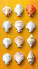 Colorful Shells Displayed on Bright Yellow Background