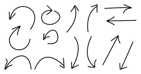 Hand drawn arrows in black colour. Vector illustration isolated on white background.