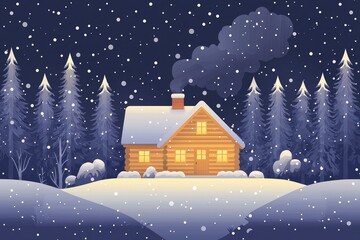 Naklejka premium Cozy Cabin in the Snowy Forest at Night
